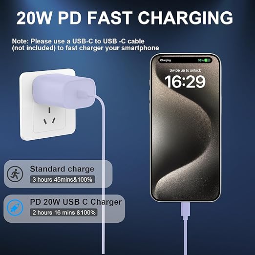 Phone 17 16 15 Charger Fast Charging Type C Chargers USB C Fast Charger Block & Phone 17 Charger Cord 6.6FT Long USB C Charging Cable for Phone 17/17 Pro/17 Pro Max/Air/Phone 16 15 Pro Max,Purple