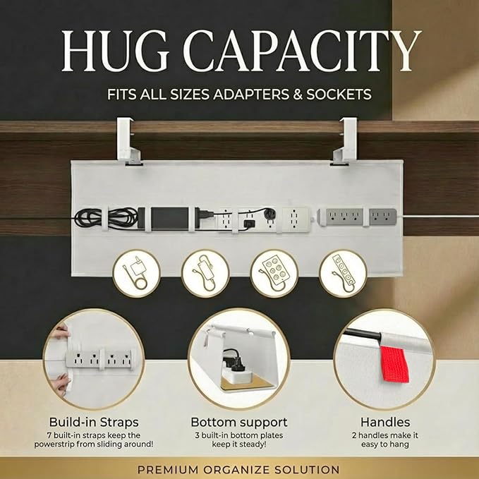 Under Desk Cable Management No Drill – 36" L x 6" W Cord Organizer, Upgraded Silicone Pads (No Scratch), 16 Cable Slots, Washable PE Honeycomb Base, Fits Desks 0–2.1" Thick, Beige
