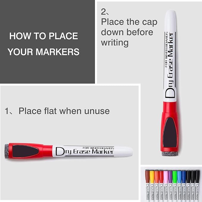Volcanics Magnetic Dry Erase Markers With Eraser Low Odor Fine Tip Whiteboard Markers White Board Pens Pack of 90,10 Colors for Office
