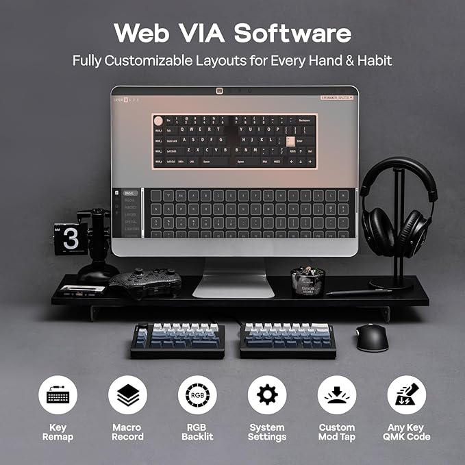 EPOMAKER Split70 Wireless Ergonomic Keyboard with QMK/VIA and Knob, Mechanical Gaming Keyboard with RGB, Hot-Swap, Creamy Linear Switch, PBT Keycap, Gasket, Mac Modifier, 70% Split Layout (Black)