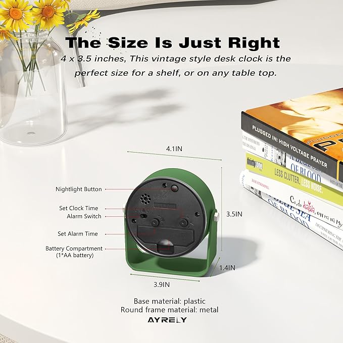 AYRELY® 3.5 Inch Small Analog Alarm Clocks,Battery Operated Desk Clock,Cute Table Clock with Light,Adjustable Angle for Travel,Bedside,Bedroom,Kids,Living Room Decor (Dark Green)