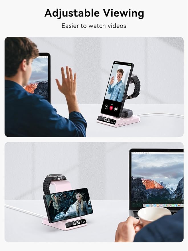 Wireless Charger for Samsung Charging Station with Clock for Samsung Galaxy S25 Ultra/S24 Ultra/Z Flip 7/Z Fold 6/Galaxy Bud, 3 in 1 Charger Station Watch Charger for Galaxy Watch 8/7/6/5Pro(Pink)