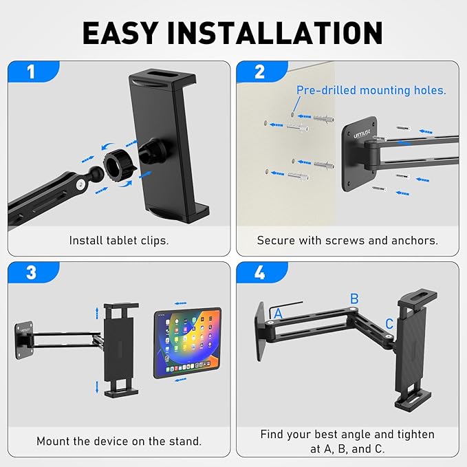 Urmust Adjustable Tablet Wall Mount, iPad Wall Mount Holder with 360° Swivel, Extendable Wall Mount for 4.7-13" Phones & Tablets, Long Arm Foldable Bracket for iPad Pro/Air/Mini,Galaxy Tab, Kindle