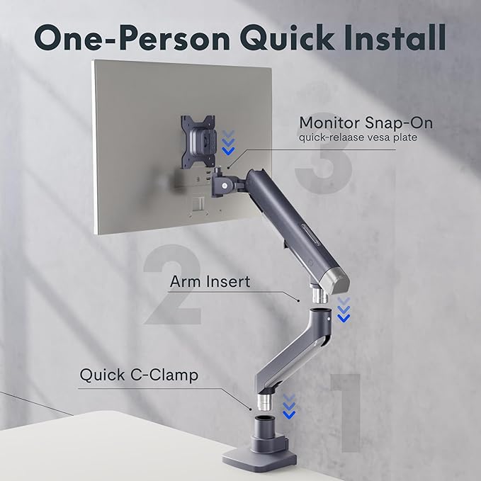 FlexiSpot Single Monitor Arm, Premium Aluminum Monitor Desk Mount Fits Screen up to 35 Inches, Fully Adjustable Monitor Stand with C-Clamp & Grommet Base, Holds 6.61 to 26.46 lbs, Gun Gray
