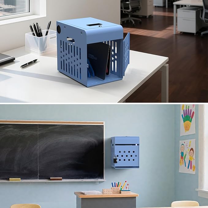 8 Tablet Charging Station Lock Box - Fits 14" Screen, Steel Case & Lockable Door,2 Keys Included - for Chromebook,ipads,Laptop and Tablets - Ideal for Offices, Classrooms and Hospitals(Blue)