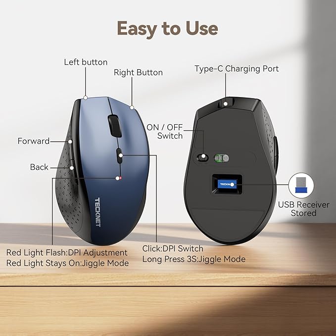 TECKNET Rechargeable Mouse with Jiggler, Plug & Play, 2.4G Connection with USB-C Adapter, Silent Mouse Quiet Click, 6400 DPI Ergonomic Mouse, Cordless Computer Mice for Laptop, Desktop, PC