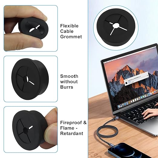 4 Pcs 1-1/8 Inch (28mm) Cable Grommet, Flexible Rubber Wire Hole Cover Pass Through for Office Computer Desk, Cabinet & Furniture Wire Organizer, Black