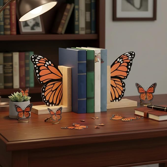Decorative Butterfly Bookends Wooden Acrylic Butterflys Bookend Modern Bookshelf Decor Accent Book Stopper Decor for Home Farmhouse Shelves Office Lover Gift (Monarch Butterfly)