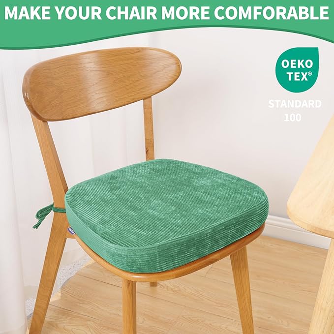 2.5" Thick Chair Cushions for Dining Chair, Corduroy High Density Foam Kitchen Chair Pads, U Shaped Indoor Seat Cushions with Ties & Non-Slip Backing, Washable Cover, 17''x16.5'', Green