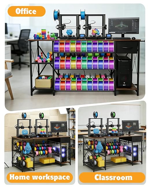 3D Printer Stand with Charging Station, Large 3D Printer Table with Filament Storage, Heavy Duty 3-Tier Filament Storage Rack with Drawer, 3D Printer Desk for Workshop, Office and Garage (Brown)