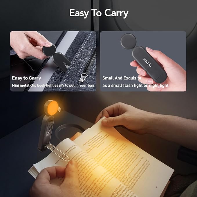 VAVOFO USB Rechargeable Book Light, Blue Light Blocking, Amber Clip-On Bookmark Shaped Reading Light, Eye Care 6 LEDs With 9 Lighting Modes for Bookworms (Grey)
