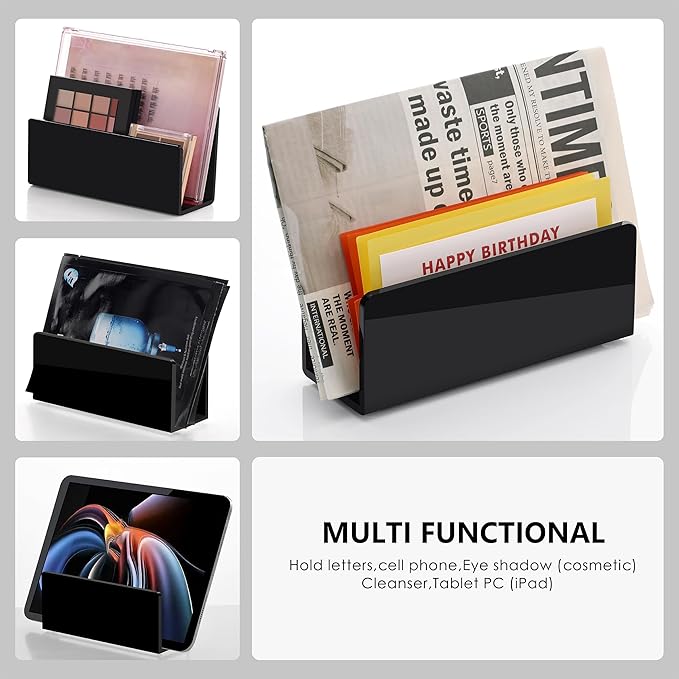 Acrylic Desk Mail Organizer Sorter, Black Small File Holders, Countertop Letter Envelope Bill Filling Folders Organization, Paper Document Storage Rack for Office,Home, School