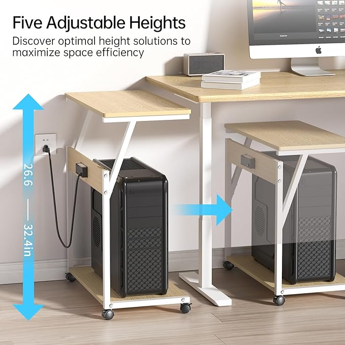 FANXIYQ Computer Tower Stand with 360° Locking Casters, 5 Height Adjustable Mobile CPU Cart, Under Desk PC Holder for Gaming Desktop, Home Office Organization, White