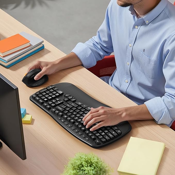 MEETION Wireless Ergonomic Keyboard, Wave Keys Firm Wrist Rest for Natural Typing, 2.4G USB-A Cordless Receiver and USB-C Adapter, Ergo Computer Keyboard Compatible with Windows/Mac/PC/Laptop, Black