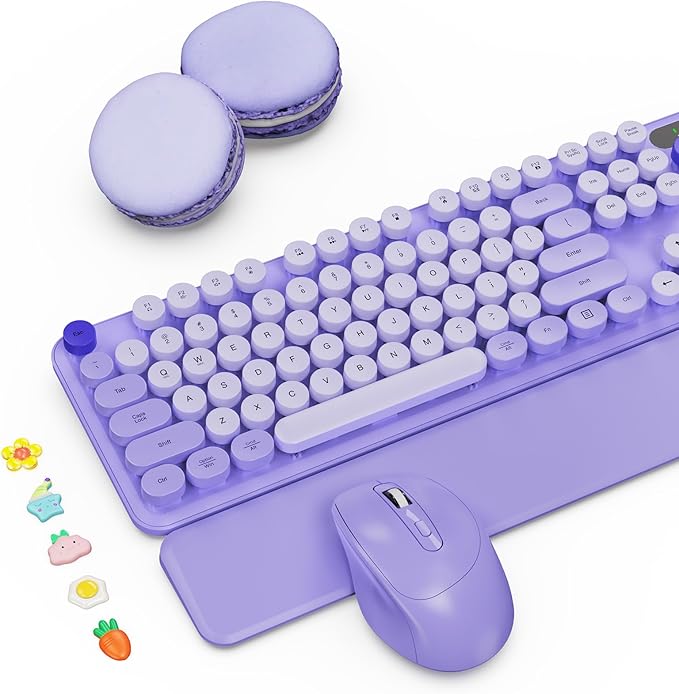 Wireless Keyboard and Mouse Combo with Detachable Magnetic Wrist Rest, Retro Typewriter-Style Keyboard, Round Keycaps, 3-Level DPI Ergonomic Mouse, 2.4GHz for Windows PC/Laptop (Lilac Purple)
