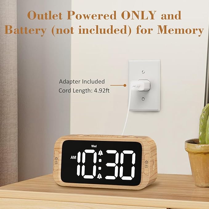 Odokee Digital Dual Alarm Clock for Bedroom, 0-100% Dimmer, Weekday/Weekend Mode, Easy to Set, USB Charger, Adjustable Alarm Volume with 5 Alarm Sounds, Snooze, 12/24Hr, Battery Backup (Wood Grain)