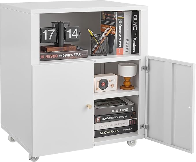 Heavy Duty Rolling Printer Cabinet with 2 Doors & Storage Shelf, Under Desk 3D Printer Stand, Mobile Metal File Cabinet for Garage Home Office, Small Spaces & Workshop White