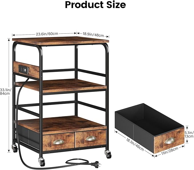 Extra Large Printer Stand with 2 Farbic Drawer, 3 Tier Printer Table with 4-Adjustable Heights, Rolling Printer Cart with Storage for Printer Scanner Fax Home Office Use, Rustic Black and Brown