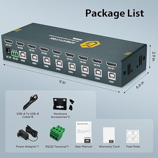 HDMI KVM Switch 8 Port, 4K@30Hz KVM Switch 8 Computers Share 1 Monitor and Keyboard & Mouse, with USB 2.0 Ports, Support Button Switch & Hotkey Switch & RS232, Adaptive EDID, Plug and Play