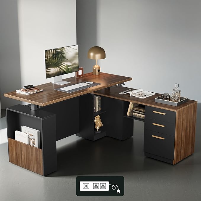ModernMate 63" Standing Desk with File Cabinet, Privacy Panel, AC/USB, 1.18" Desktop, Executive L Shaped Height Adjustable Electric Stand Up Desk, Home Office Table with 3 Drawers, Black Walnut