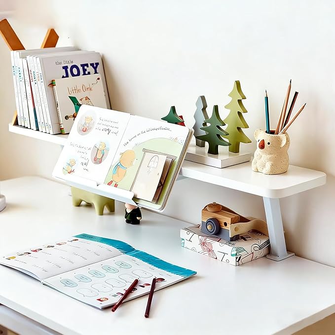 Clamp on Desk Shelf, Desktop Extender Klemmbares Schreibtisch Organizer Regal Adjustable Floating Desks Shelf for Office, Dorm, Home Desk Organization (White-with Reading Stand, 31.5x7.8in/80x20cm)