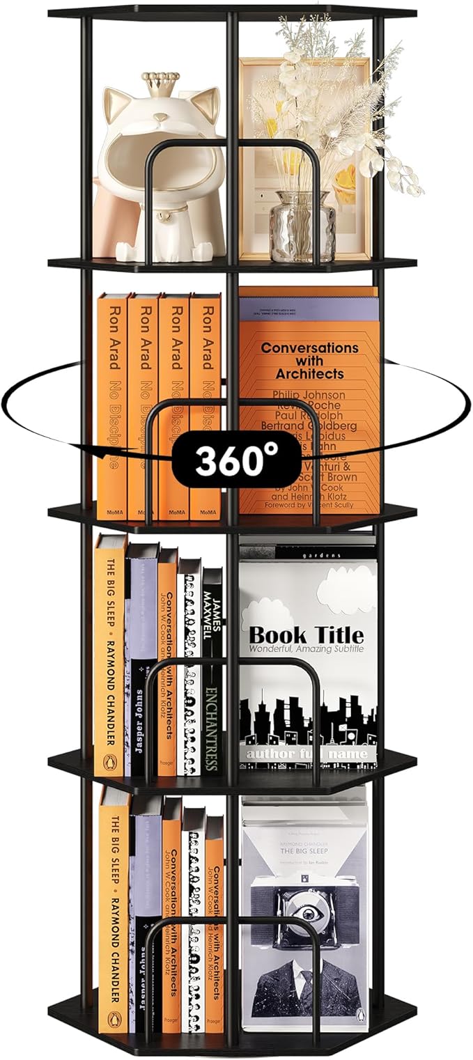 SUNMORY 4 Tier Rotating Bookshelf Tower, Revolving 360 ° Spinning Bookcase, Hexagonal Corner Book Shelf Storage Carousel, Vertical Rotate Turning Organizer Book Shelves for Living Room Office Bedroom