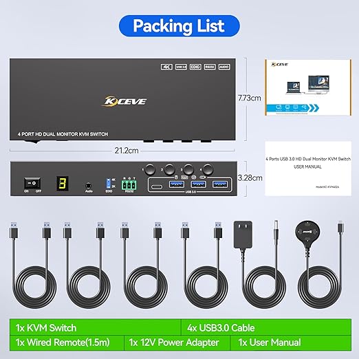 4 Port HDMI KVM Switch 2 Monitors 4 Computers 4K@60Hz EDID Simulation Dual Monitor KVM Switch with 4 USB 3.0 Ports for USB Peripherals, Audio, RS232, with Wired Remote,12V Power and 4 USB Cables