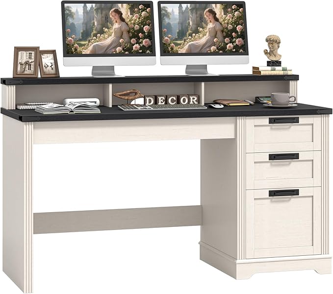 Vabches 55" Farmhouse Executive Desk with 3 Drawers, Wooden Computer Desk, Home Office Desk with File Drawer (Fits A4 Size) for Work and Study, White and Black