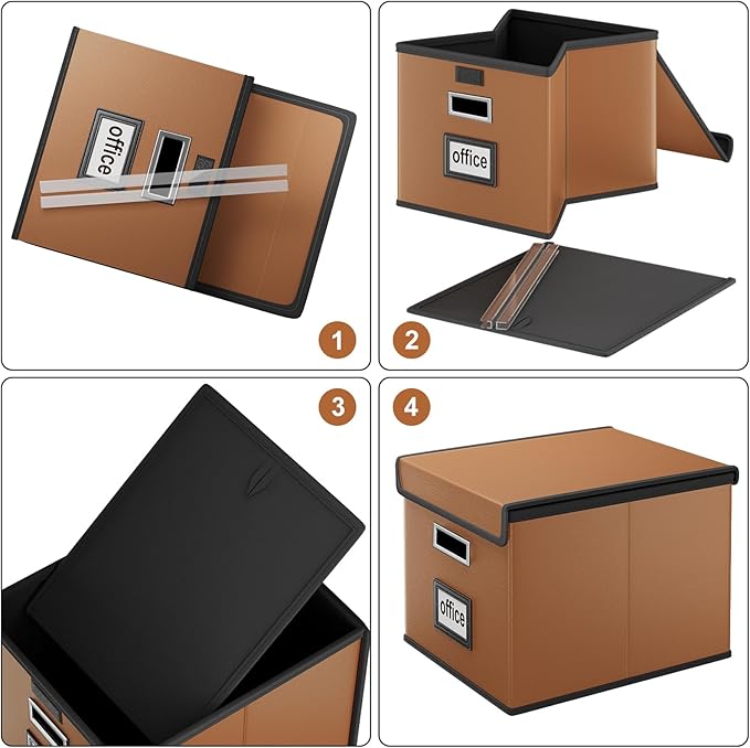 Faux Leather File Organizer Box with Lid, Collapsible Hanging File Folder Box Organizer with Plastic Slides, Decorative Home/Office Filing System Boxes for File and Folder Storage