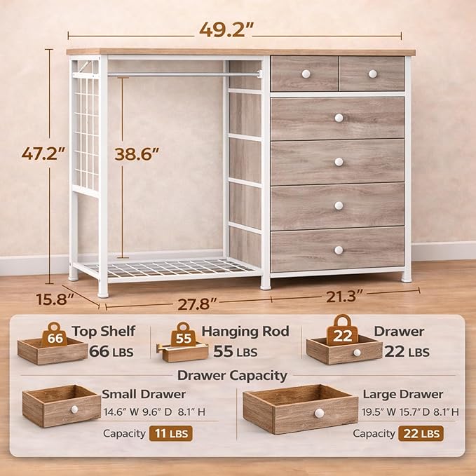 Simple Deluxe Storage Clothes Rack with 6 Drawers, Charging Station & LED Lights, Fabric Chest Shelves Clothing Rack, Wooden Portable Wardrobe Closet, 49.2" W x 15.7" D x 47.2" H, Brown