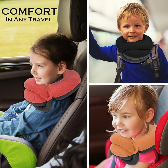 BUYUE Kids Travel Pillows for Airplane, Memory Foam 360° Head Support Sleeping Essentials for Boys Long Flight, Skin-Friendly Soft Neck Pillow for Traveling in Car Seat, (Small, Blue Grey, 40-90 lbs)