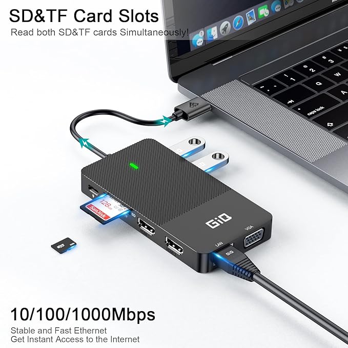 USB Docking Station GIQ USB C HUB USB 3.0 to Dual HDMI VGA Adapter Triple Display USB C Laptop Docking Station Dual Monitor HDMI Splitter Extender Compatible with MacBook M1 M2 USB Dock-Black