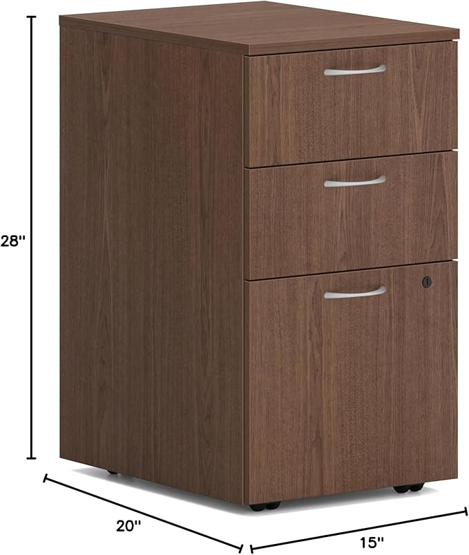 HON MOD 3 Drawer File Cabinet On Wheels, Mobile Pedestal for Filing Cabinets for Home Office, 15" W Portable Storage, Walnut