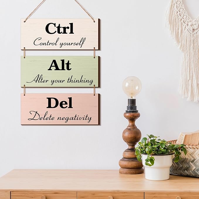 Qunclay 3 Pcs Office Wall Decor Boho Leaves Wood Rustic Hanging Cubicle Decor Summer Inspirational Ctrl Alt Del Sign Decoration for Bathroom Indoor Home Living Room