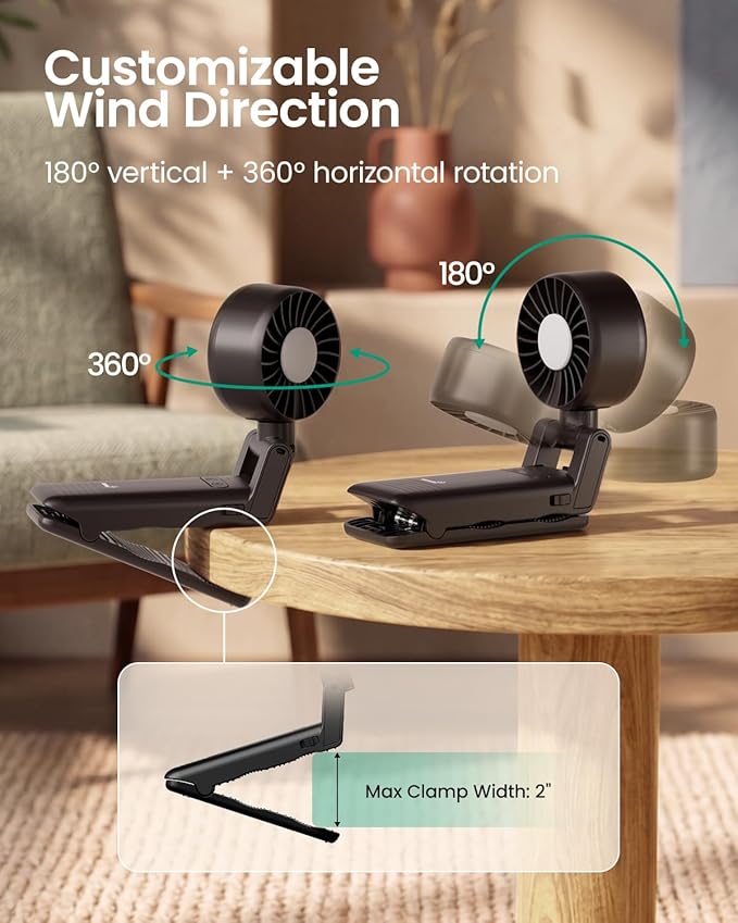 GROWNSY Portable Stroller Fan with Clip | Foldable Mini Fan for Baby Carrier | Small Handheld Fan with Soft Night Light | Rechargeable 4-Speed Baby Fan for Travel/Desk/Bed/Backpack/Car Seat (Black)