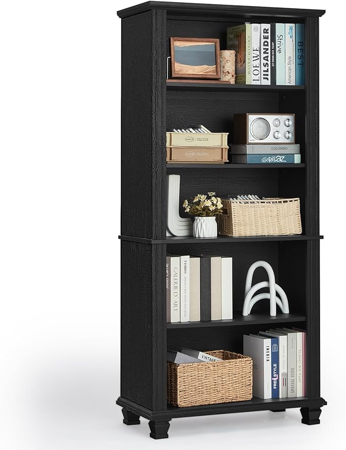 SAVOR LIFE 70" Tall Black Bookshelf,5 Tier Wooden Book Shelf with Adjustable Shelves & Wood Legs,Free Standing Farmhouse Bookcase with Open Display Storage,Vintage Bookshelves for Living Room,Office