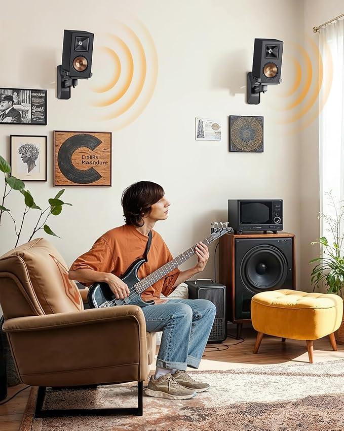 Perlegear Speaker Wall Mounts, Bookshelf Speaker Mounting Brackets with Dual Side Stable Clamp Design, Wide Tilt & Swivel Shelf for Large Surrounding Sound Speakers, Up to 55 lbs, 1 Pair