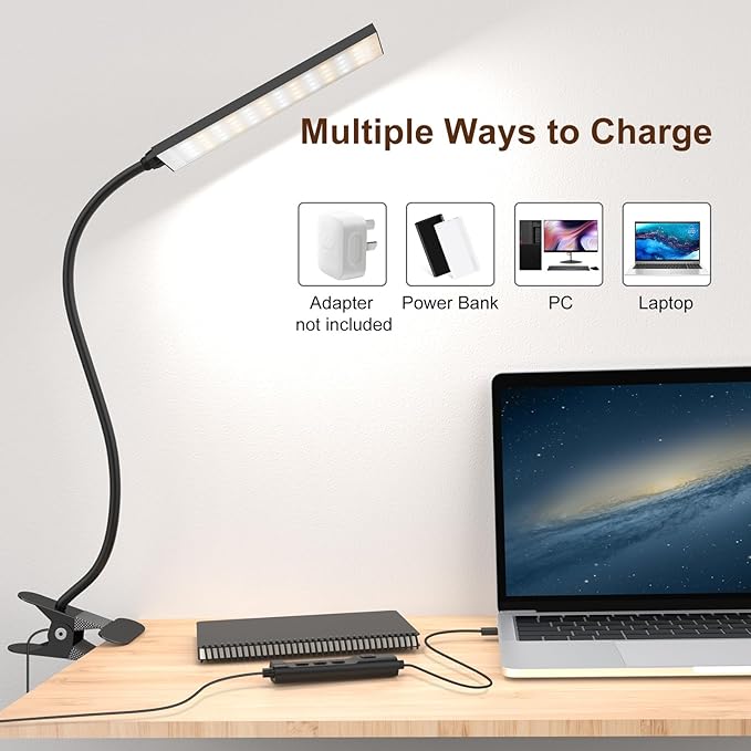 Clip On Desk Lamp, 5 W Rechargeable Reading Light, 400LM Book Light, 6 Level Brightness 3 Color Modes, Adjustable Neck Lamp for Desk, Bedside, Study