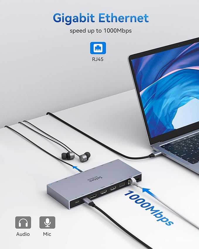 Selore Docking Station 3 Monitors, 15-in-1 USB-C Hub with 100W PD & 65W Power Adapter, Dual 4K HDMI, DisplayPort, 10Gbps USB-A/C, Gigabit Ethernet, SD/microSD Card Reader for Dell XPS/HP/Lenovo