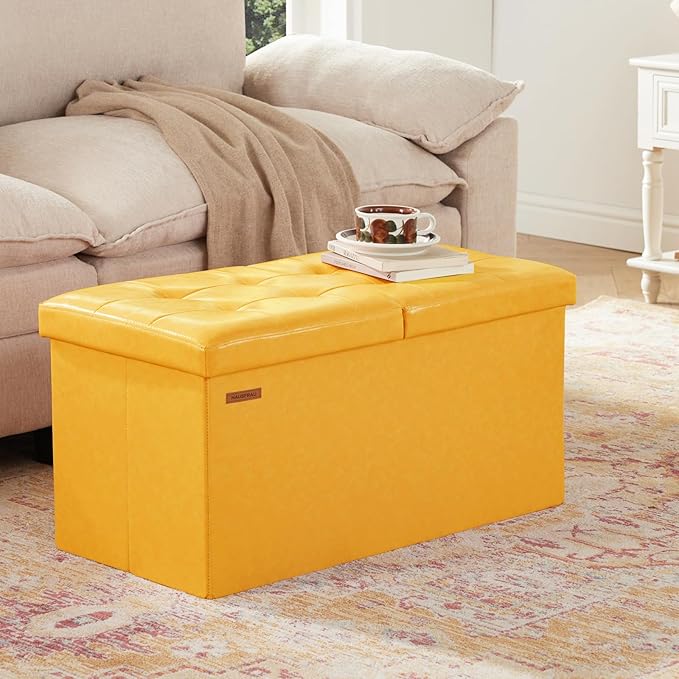 HAUSFRAU - 30 Inches Storage Ottoman Bench with Flipping Lid, Foldable Storage Chest Foot Rest for Living Room, Bedroom, Entryway, Load 660 lb, Synthetic Leather, Yellow