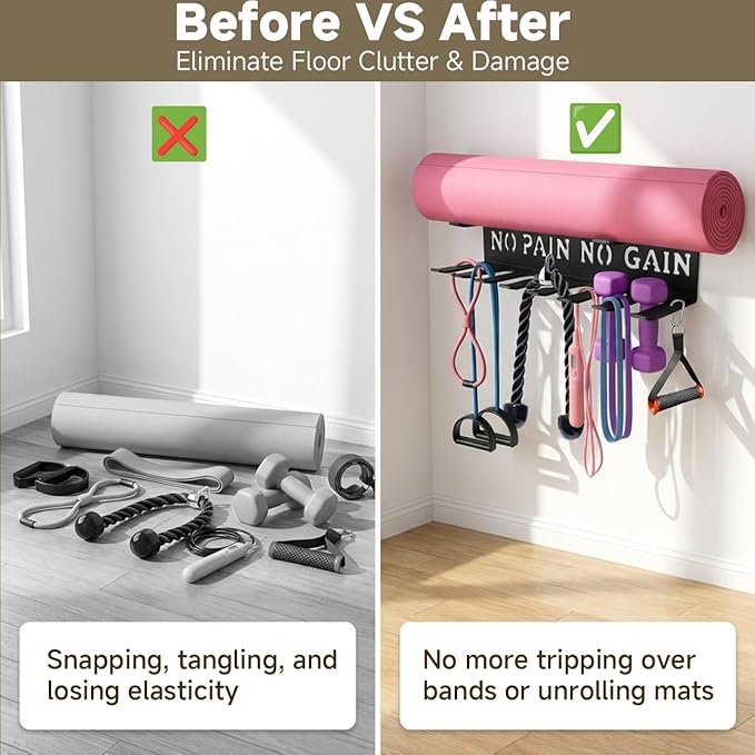Gym Home Rack 8 Hook Heavy-Duty Wall-mounted Organizer Multi-Purpose Workout Gear Wall Hanger Storage for Resistance Bands Jump Ropes Lifting Belt Fitness Bands Barbells Carabiners Included