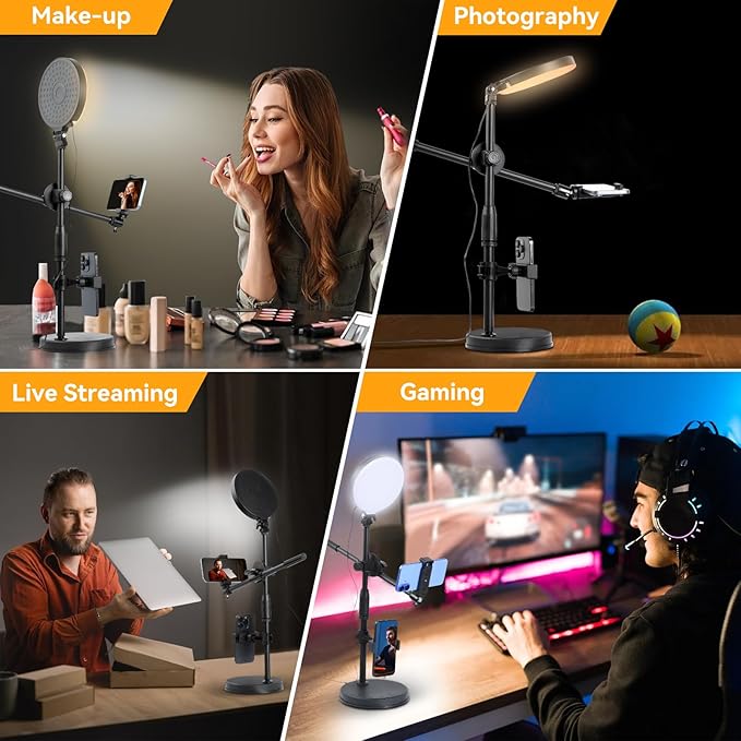 UTEBIT Zoom Lighting for Computer, Adjustable Desk Video Conference Lighting for Video Calls, Desk Ring Light with Stand and Phone Holder for Webcam, Home Office, Online Meetings, Live Streaming