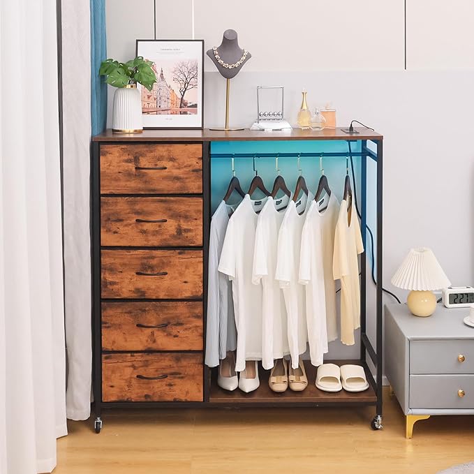 5 Drawer Fabric Dresser with Clothes/Hanging Rail/Rack Chest of Drawers with Charging Station Wardrobe/Closet Dresser for Bedroom, Brown
