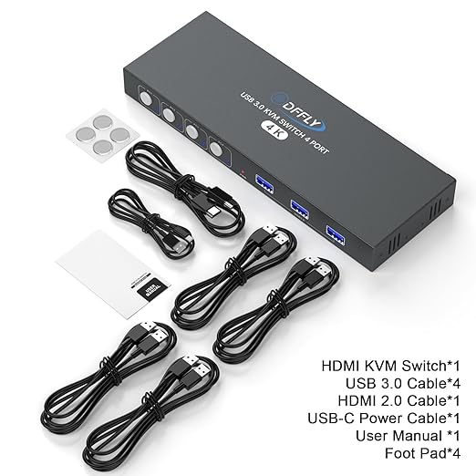 USB3.0 Switch HDMI Kvm Switch 4 Computers 1 Monitors with 3 USB Ports, 4K@60Hz for 4 Computers Sharing Monitor Keyboard Mouse, Supports Button Control, EDID Compatible