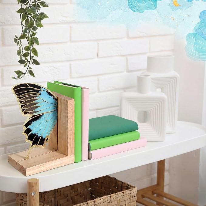 Decorative Butterfly Bookends Wooden Acrylic Butterflys Bookend Modern Bookshelf Decor Accent Book Stopper Decor for Home Farmhouse Shelves Office Lover Gift(Blue Butterfly)