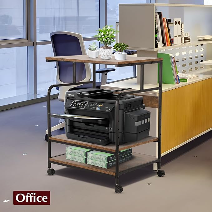 GCCSJ Large Printer StandοΌ3 Tier Printer Cart with Adjustable Storage ShelfοΌ23.6 x18.9 x 29.5 inches Printer Stand for Home Office, Stands for Heat Press Scanner Fax, Industrial Style, Brown