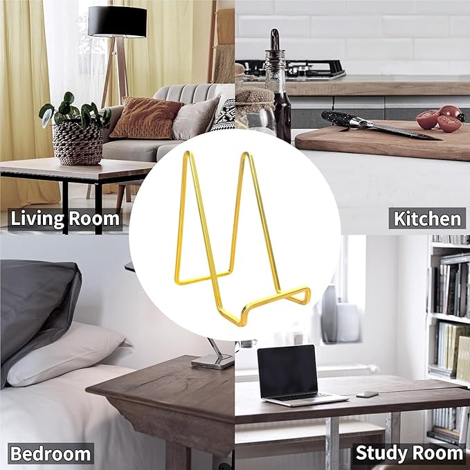 3 Pack 8 inch Metal Plate Stands for Display, Plate Holder Pictures Frame Easel Display Stand, Tabletop Picture Stand, Iron Easels for Display Photo Frames, Plates, Vinyl Record,Book, Sign(Gold)
