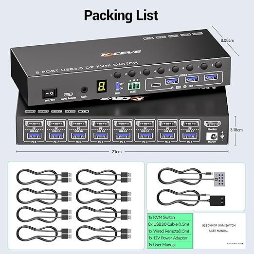 8 Port DisplayPort KVM Switch 4K@60Hz EDID Simulation, USB 3.0 DP KVM Switch for 8 Computers Share 1 Monitor and 4 USB Devices, Audio RS232,Wired Remote, 12V Power Supply & 8 USB Cables Included