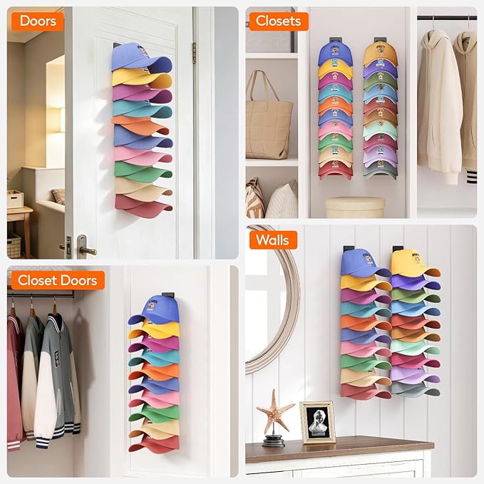 Lifewit Wall-Mounted Hat Organizer, 20 Baseball Caps Storage with Elastic Clamp (Each Holds 10), Over-the-Door Hat Rack, Dual Installation with Nails or Adhesive, Closet Cap Holder, Black, 2-Pack