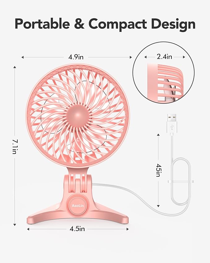 AaoLin USB Desk Fan, Small Fans with CVT Variable Speeds, Strong Cooling Airflow, Quiet Portable, Desktop Mini Personal Table Fan for Room, Home,Office, Bedroom, Pink